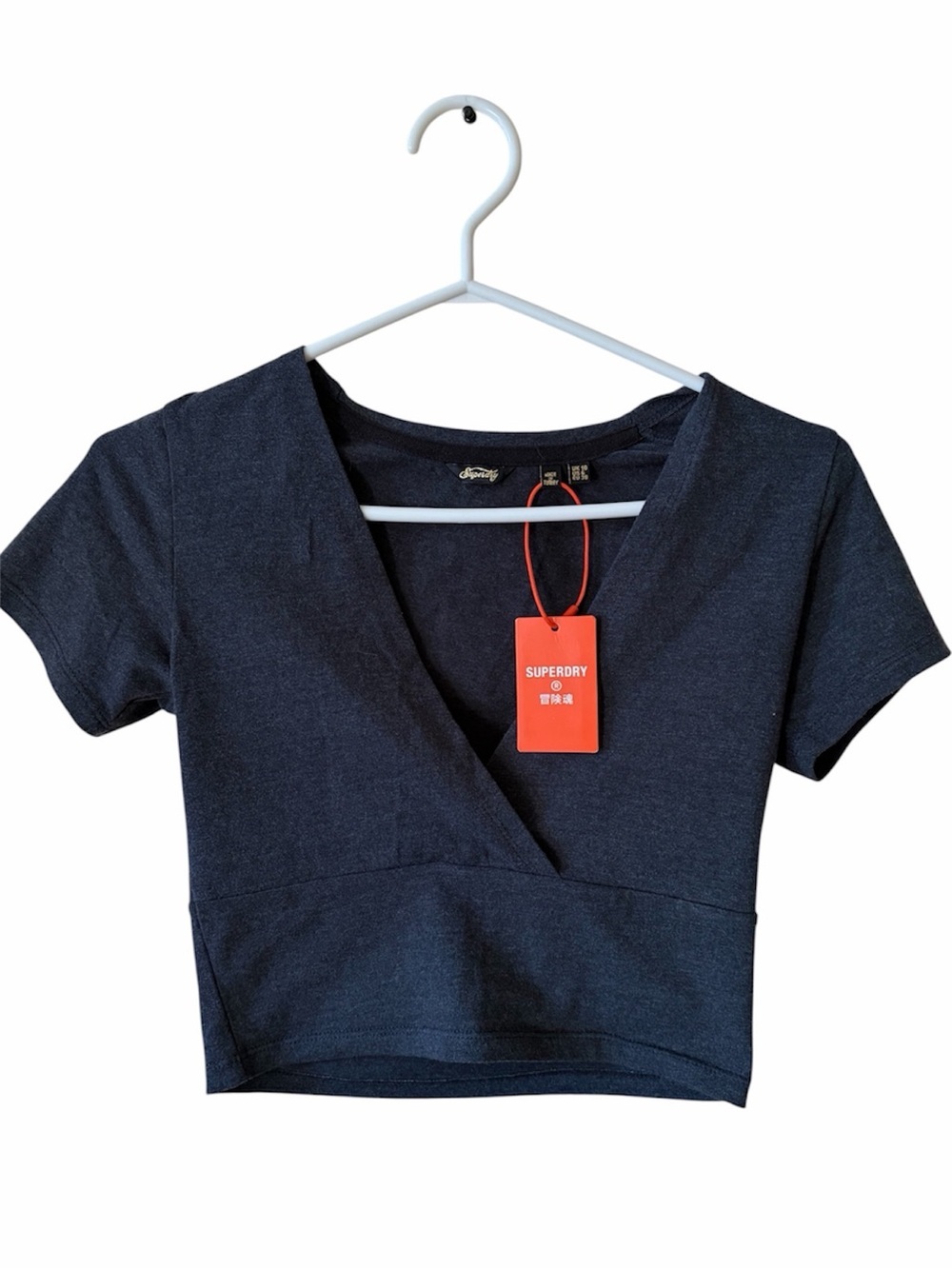 Superdry Vintage Crop Wrap Tiny Tee NWT Navy Marl V-Neck Cropped Top Athleisure